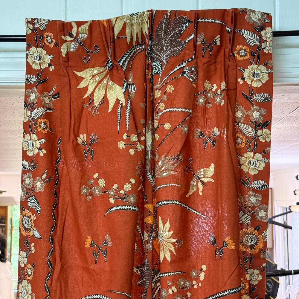 Vintage JC Penny Curtains Pair Terracotta Orange Floral Mid Century 82"x39